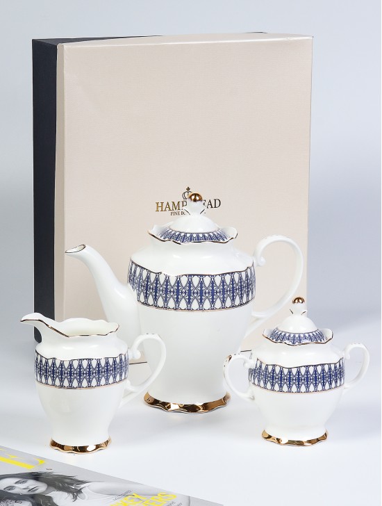 Blue Design Tea pot, sugar pot & creamer